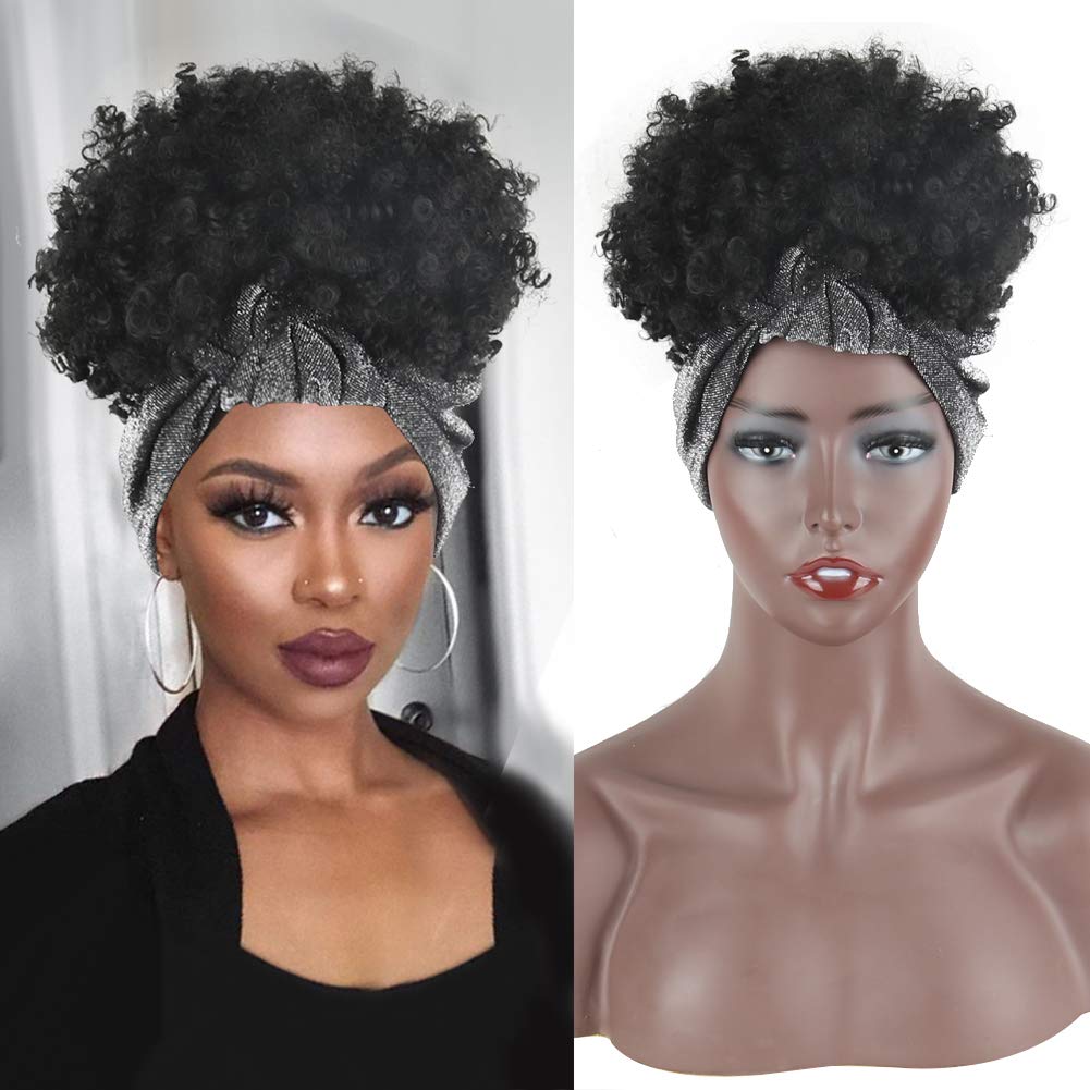 Deyngs-peluca envolvente de turbante 2 en 1, bandana Afro acolchada, moño corto, rizado, con cordón, peluca sintética, envoltura para cabeza, Afroamericana: 253  1B
