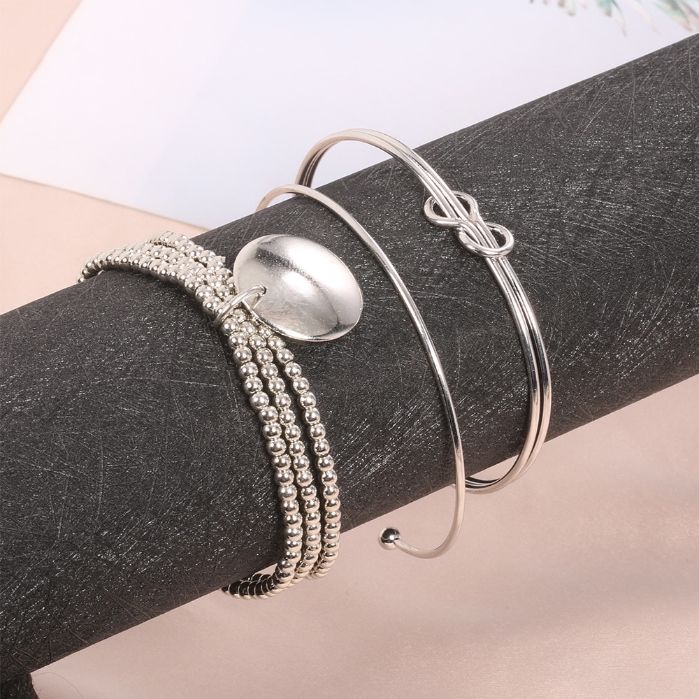 3 Pcs/set silver colour Bohemian Geometry Bracelets Bangles Set Vintage Multilayer Charm Cuff Bracelet for Women Jewelry