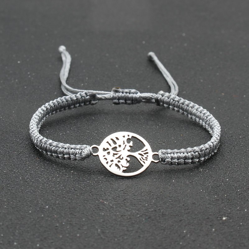 Pulsera de cuerda hecha a mano para hombre y mujer, brazalete de acero inoxidable con colgante de árbol de la vida, ajustable, para pareja: Grey