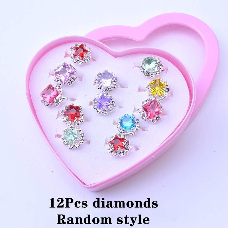 Conjunto de 12/24/36/Uds. De anillos de maquillaje para niña, joyería para niña, juguete con lazo de flor, juego de simulación, anillos para chicas, para niña: 12Pcs diamonds