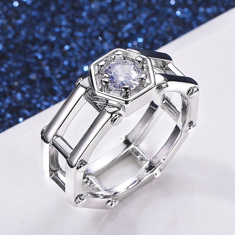 Huitan Modern Women Wedding Rings Geometric Shape Hollow Out Band Round Cubic Zirconia Stylish Versatile Female Jewelry