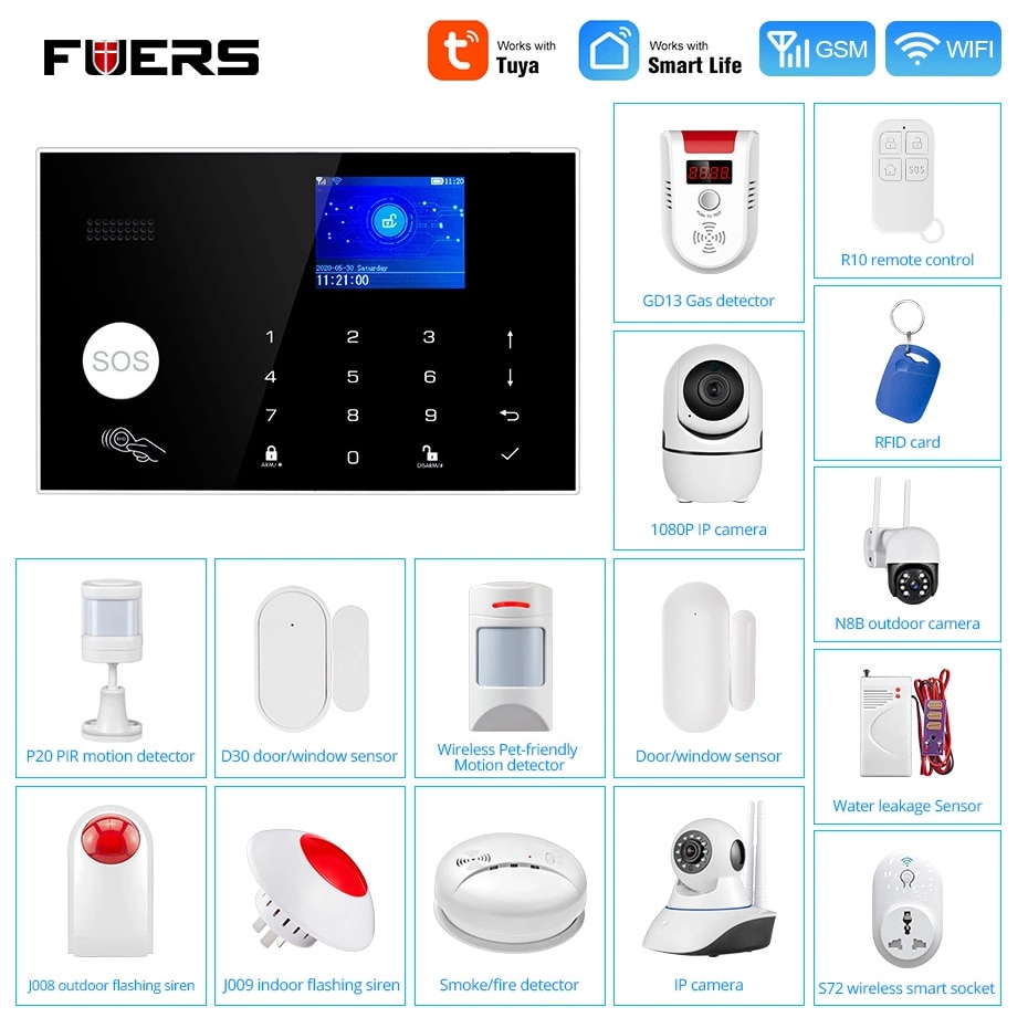 WIFI GSM 4G Alarm System Tuya App Kontrolle Heimat Sicherheit Bewegung Sensor Buglar Alarm 2,4 zoll voll berühren 4G GSM Farbe Bildschirm Tafel