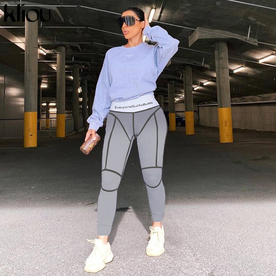 Kliou high waist letters print fitness legging herfst winter dames patchwork gestreepte streetwear sportieve slanke broek