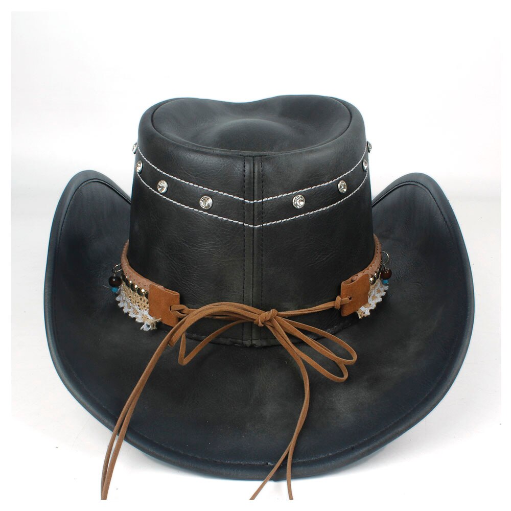 100% Leather Women Black Western Cowboy Hat Lady Wide Brim Hat Outdoor Performance Cowgirl Hat