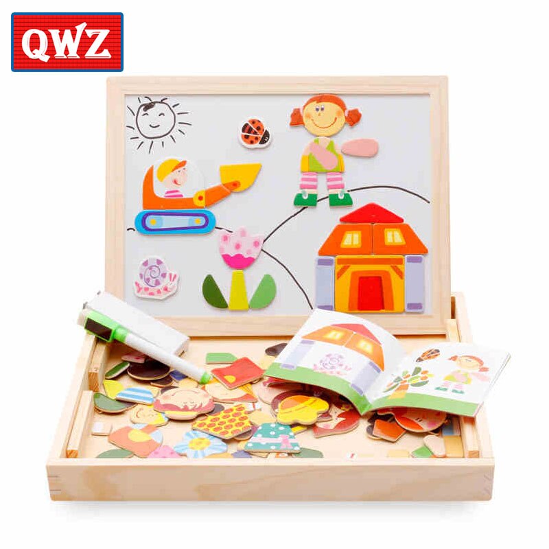 Multifunctional Wooden Magnetic Puzzle Toys Children 3D Puzzle Figure/Animals/ Vehicle /Circus Drawing Board Learning Wood Toys: QWZ091-Cartoon-N