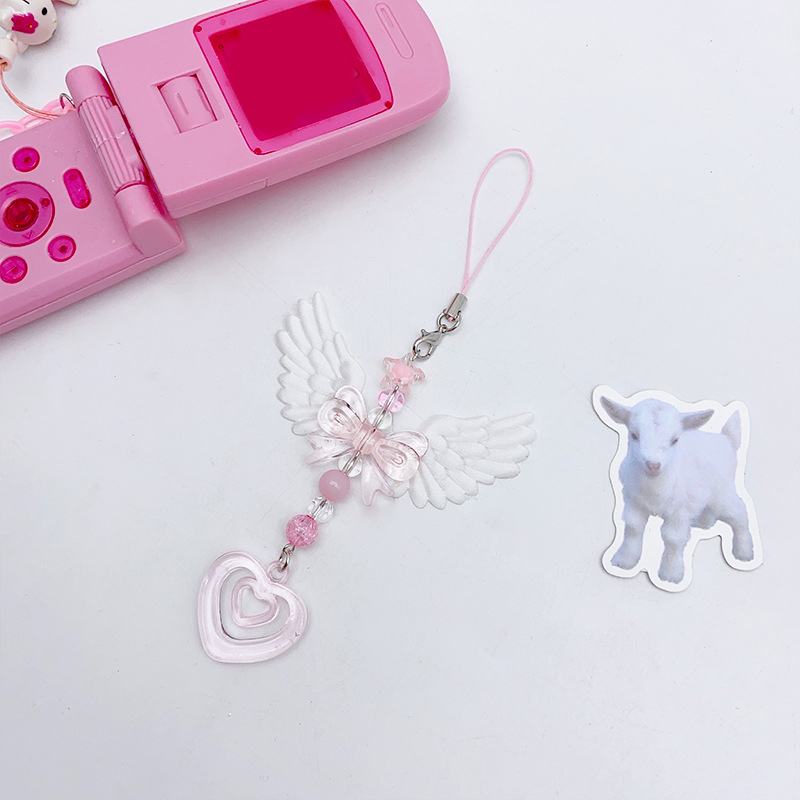 Bowknot Phone Chain Angel Wing Pendant Keychain Sweet Cool Key Phone Lanyard Acrylic Keyring Bag Ornament