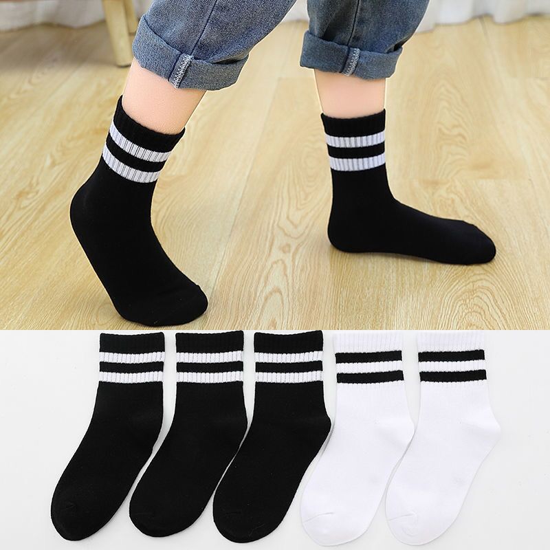 Chaussettes en coton respirantes pour enfants, 5 paires, bas de sport unisexe à rayures en coton de pour garçons et filles de 3 à 12 ans: 3hei2bai / L(5-8 years)