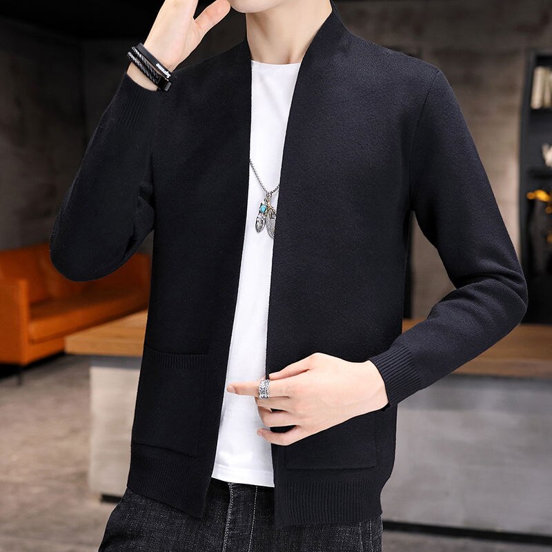 Smart stativ krave strikket cardigan herre langærmet lille knaplomme cardigan top herre efterår vinter sweater blød cardigan herre: Sort / Xl