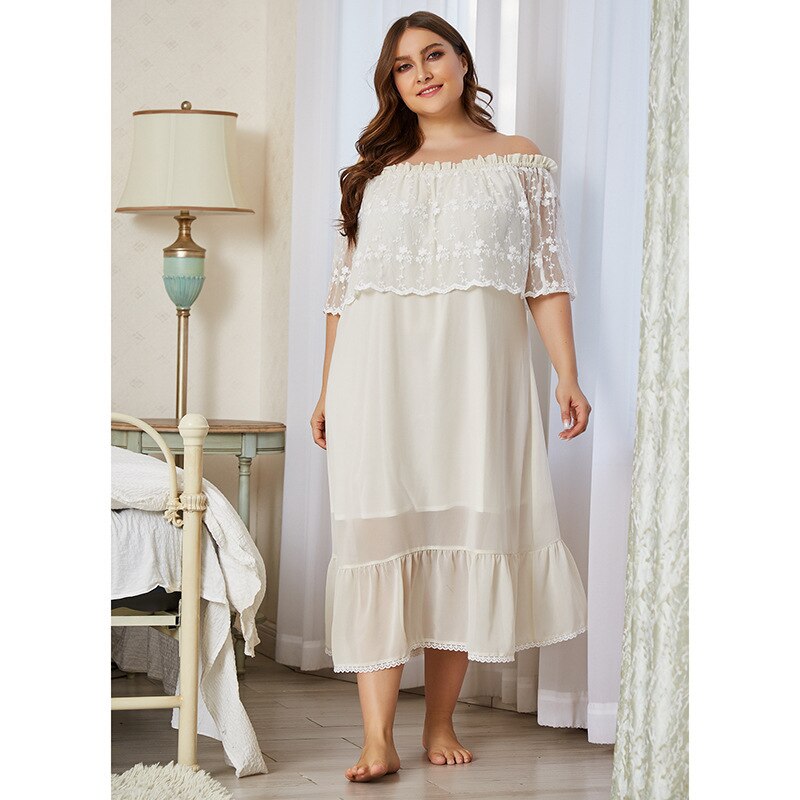 Plus size home service fat ladies plus size ice silk nightdress loose mid-length night dress plus size chiffon home service