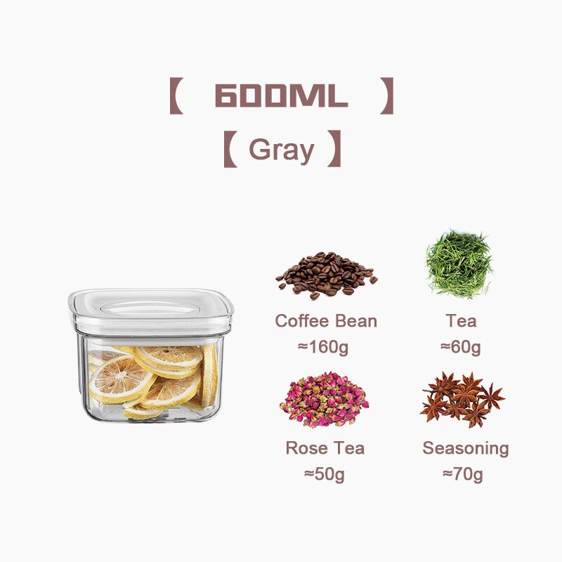 Food Vacuum Storage Box 600/1300/1800ML Food Storage Container Vacuum Sealing Tank Kitchen Keep Fresh Transparent Sealed Cans: Gray 600ML