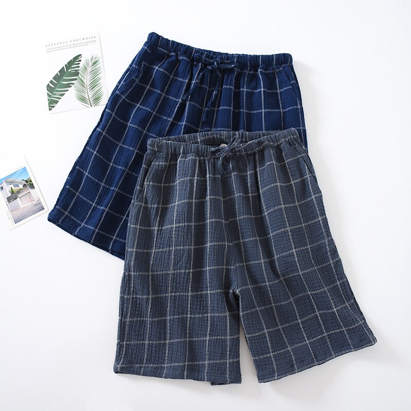 Pantalones cortos de tela de crepé de algodón para hombre, Shorts finos transpirables de gran tamaño, pantalones de pijama de celosía Simple para casa, ropa de dormir, novedad de verano