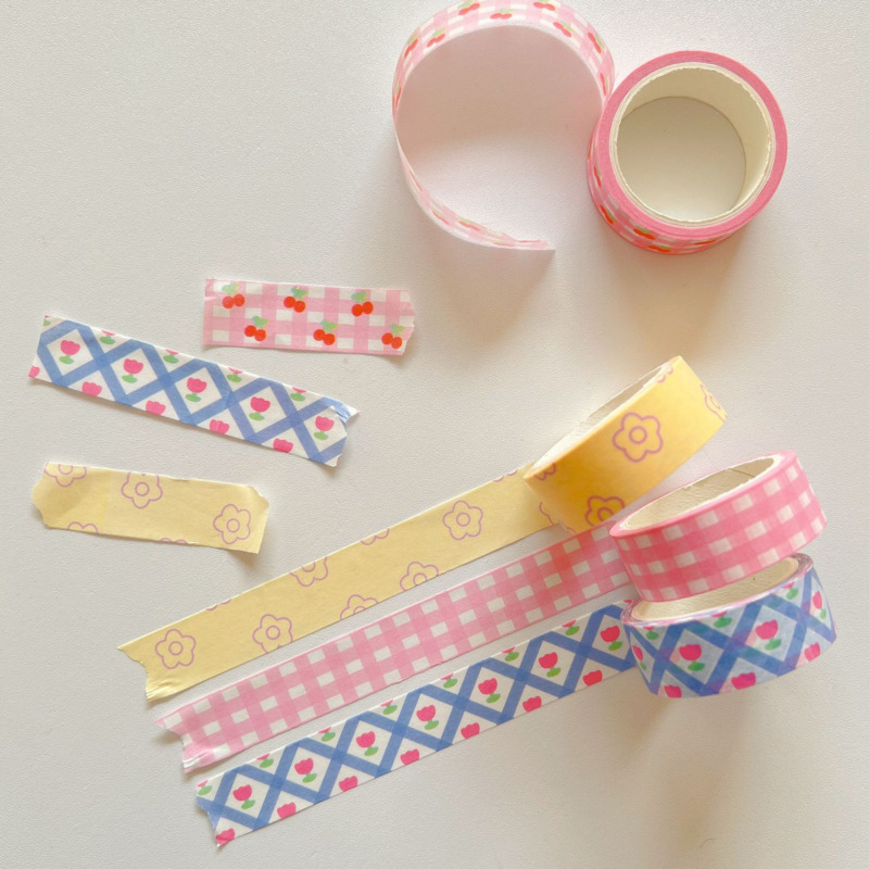 1Pcs Pink Grid Cherry Flower Washi Tape Decorative Adhesive Tape Color Masking Tape For Sticker Scrapbooking DIY Stationery Tape