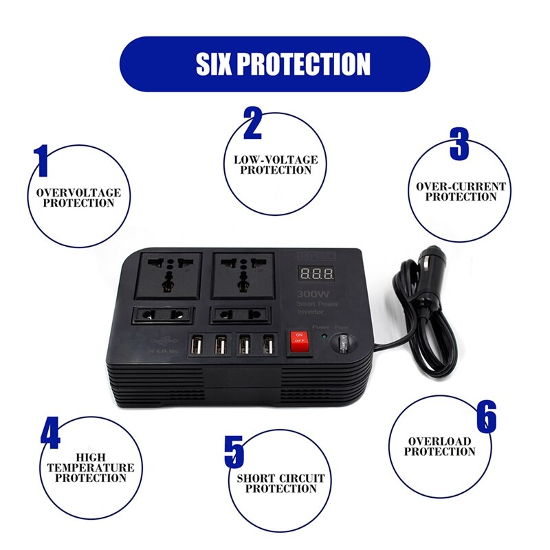 300W Auto Omvormer Dc 12V Naar Ac 220V Auto Aansteker Adapter Converter Splitter 4 Usb Lader snel Opladen