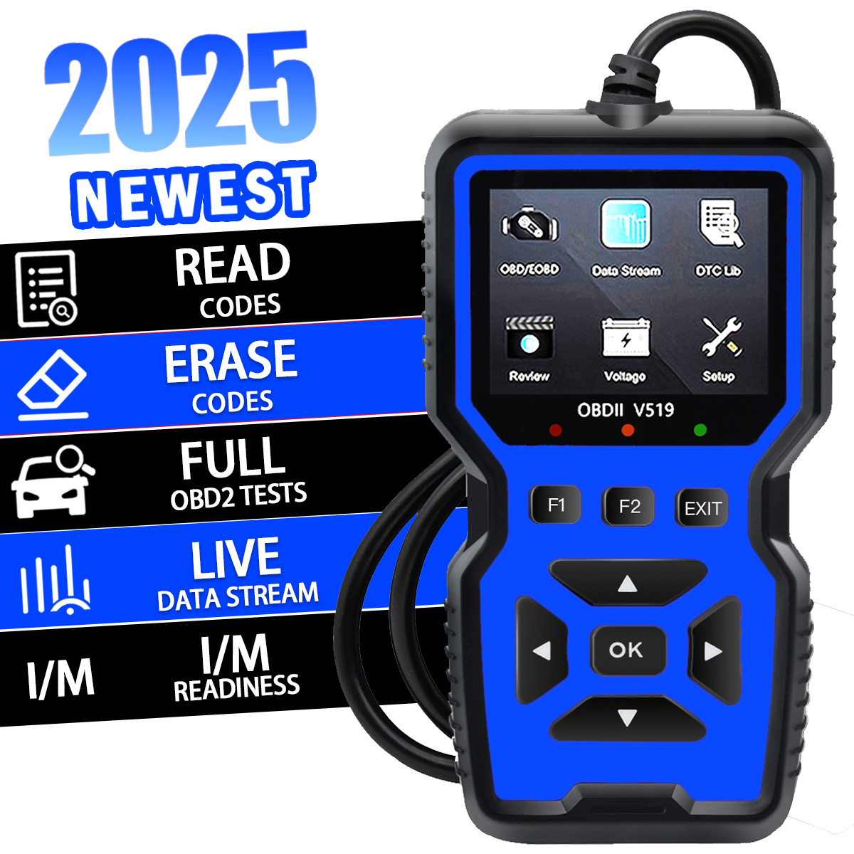 Car OBD2 Scanner Diagnostic Tool Code Reader, Car Voltage Tester Engine Fault Code Scanner, Charging Tester Diagnostic Tool V519: Blue