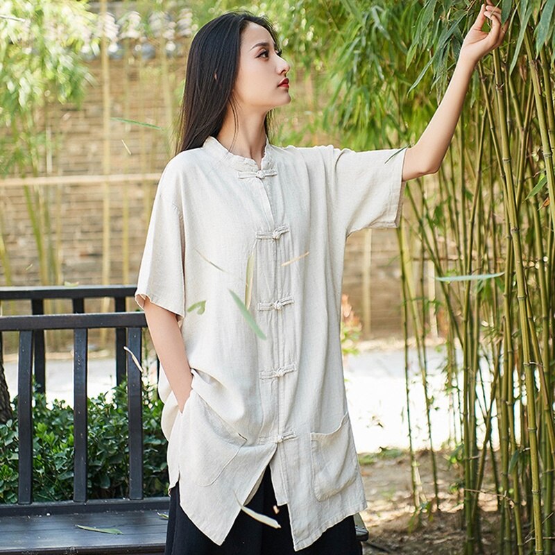 Cotton Linen Chinese Style Clothing Women Summer Blouses Kung Fu Clothes Mandarin Collar Short Sleeve Chinese Top 11771