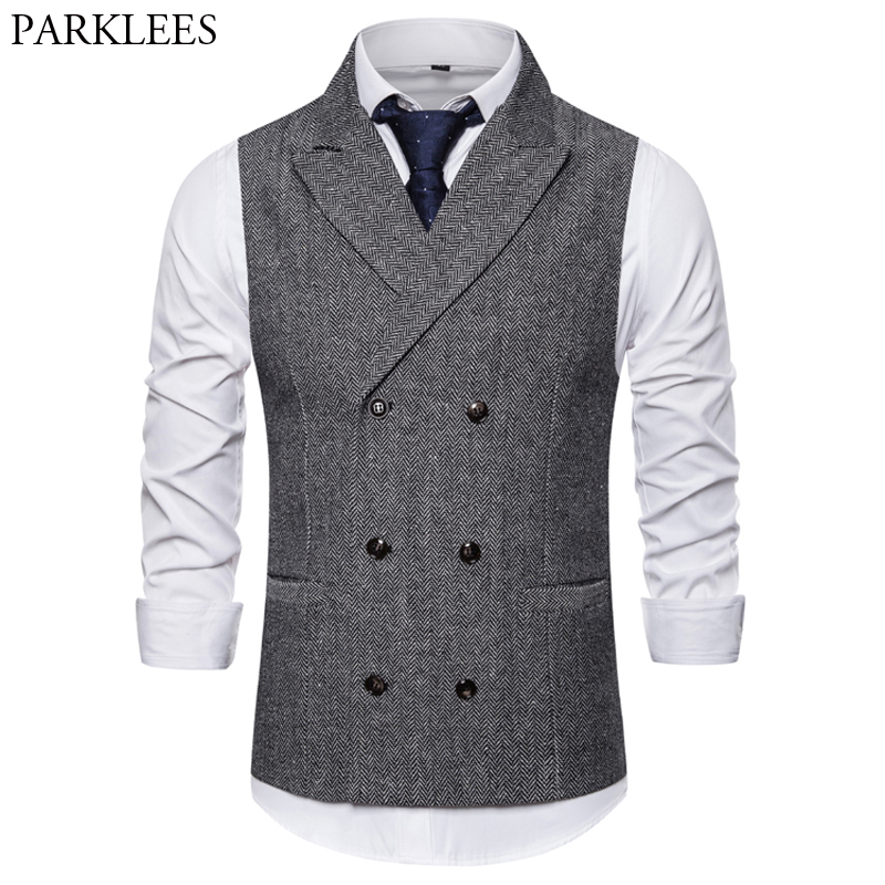 Mode Tweed Double Breasted Pak Vest Mannen Piek Revers Heren Smoking Vest Business Trouwjurk Vest Gilet Homme