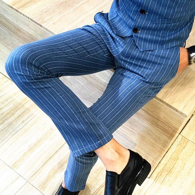 Blå stripete dressbukser herre business bryllupsbukser slim pantalon hombre plus size s -5xl herrebukse