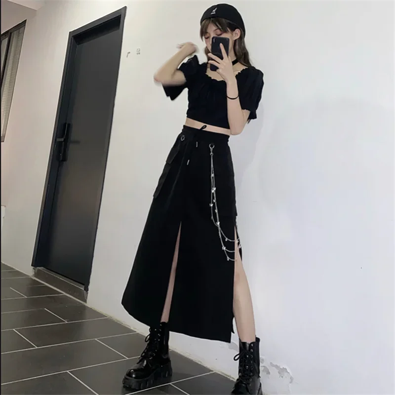 Falda larga de estilo coreano para mujer, falda larga negra con abertura lateral de cadena, ropa de calle de Hip hop, talla grande, primavera y otoño,