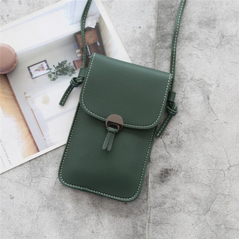 Transparent Touch Screen Retro Simple Mobile Phone Bag Women PU Chain Messenger Bags Small Flap Bag Mini Shoulder Bag: Dark green
