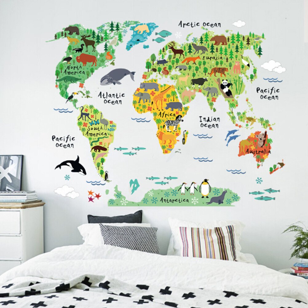 1Pcs Cartoon Animals World Map Wall Stickers Safari Mural Art Zoo Nursery Posters Kids Children Room Home Decals