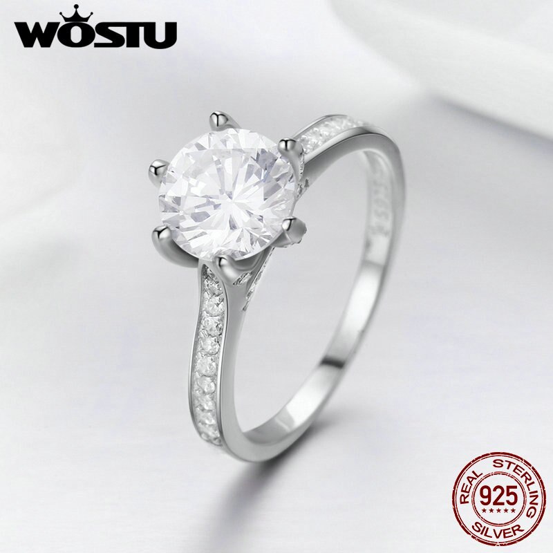 Wostu 925 Sterling Zilveren 3 Carat Aaaaa Ronde Cz Vinger Ring Voor Vrouwen Luxe Wedding Anniversary Engagement Sieraden CQR342