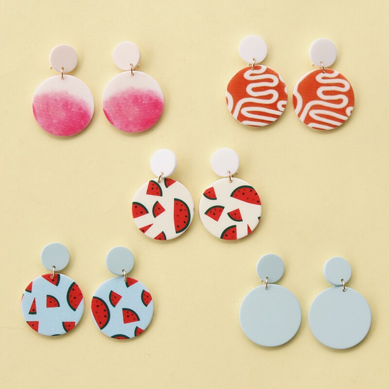 Round Watermelon Print Cute Fruit Earrings Classic Trendy Pink Blue Unique Dangle Earring Statements Vintage Jewelry