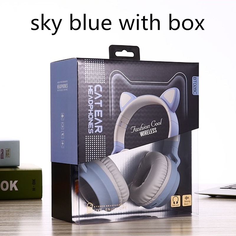 LED Cat Ear Noise Cancelling Headphones Bluetooth 5.0 Young People Kids Headset Support TF Card 3.5mm Plug With Mic: Sky Blue with Box