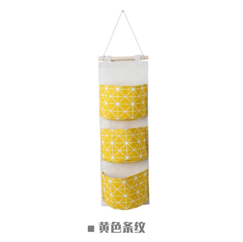 Organizador de pared de lino y algodón con 3 bolsillos, bolsas de almacenamiento, bolsa para la puerta del dormitorio, bolsillo de almacenamiento para el hogar, bolsa colgante de decoración: Yellow