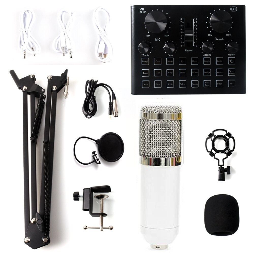 bm 800 Microphone Studio Recording Kits bm800 Condenser Microphone for Computer Phantom Power Karaoke Sound Card: white V8Plus