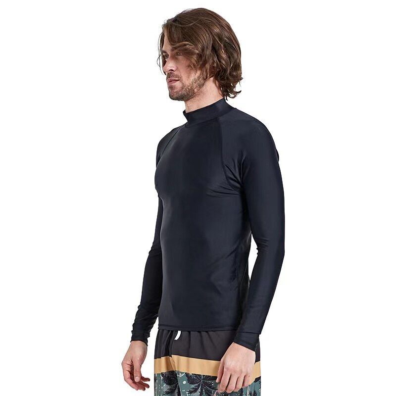 Mannen Lange Mouw Rashguard Swim Shirt Spf 50 + Badpakken Uv Zon Bescherming Swim Tee Solid Zwarte Basic huid Wetsuit Volwassen