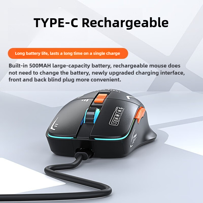 G308 Draadloze gamingmuis Oplaadbaar 2.4G Bluetooth Ergonomische lichtgewicht RGB optische mute-muis met 5-snelheid DPI instelbaar