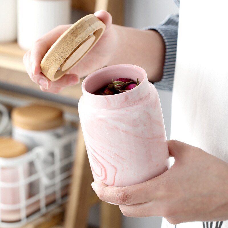 Marmor keramisk matte lagring krukke med lufttett forsegling bambus lokk porselen kaffe te caddie container flaske tank til krydder