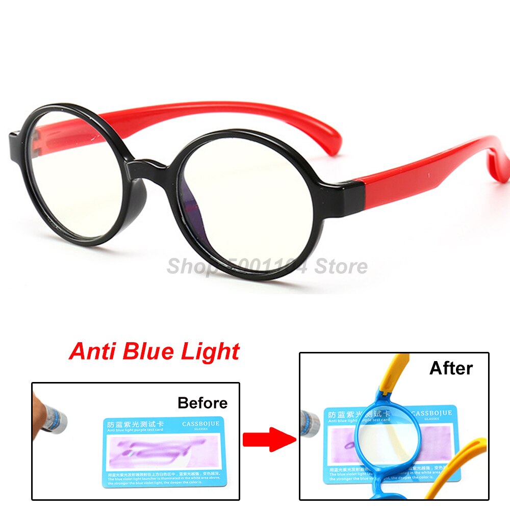 Børn anti blå lys brille ramme børn  tr90 silikone optiske briller dreng pige fleksible runde briller beskyttende: Sort rød