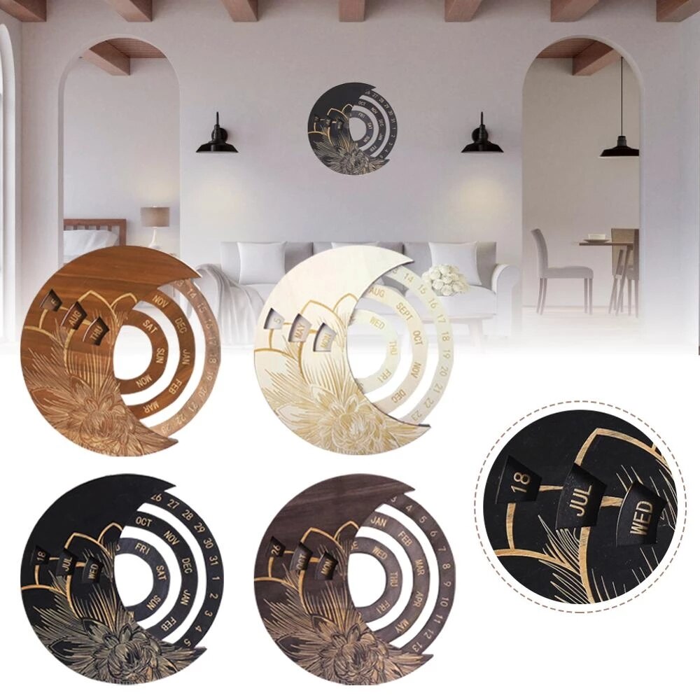 Wooden Round Perpetual Calendar Wooden Wall Calendar Wall Hanging Crafts Decorative Xmas Handicraft Decoration