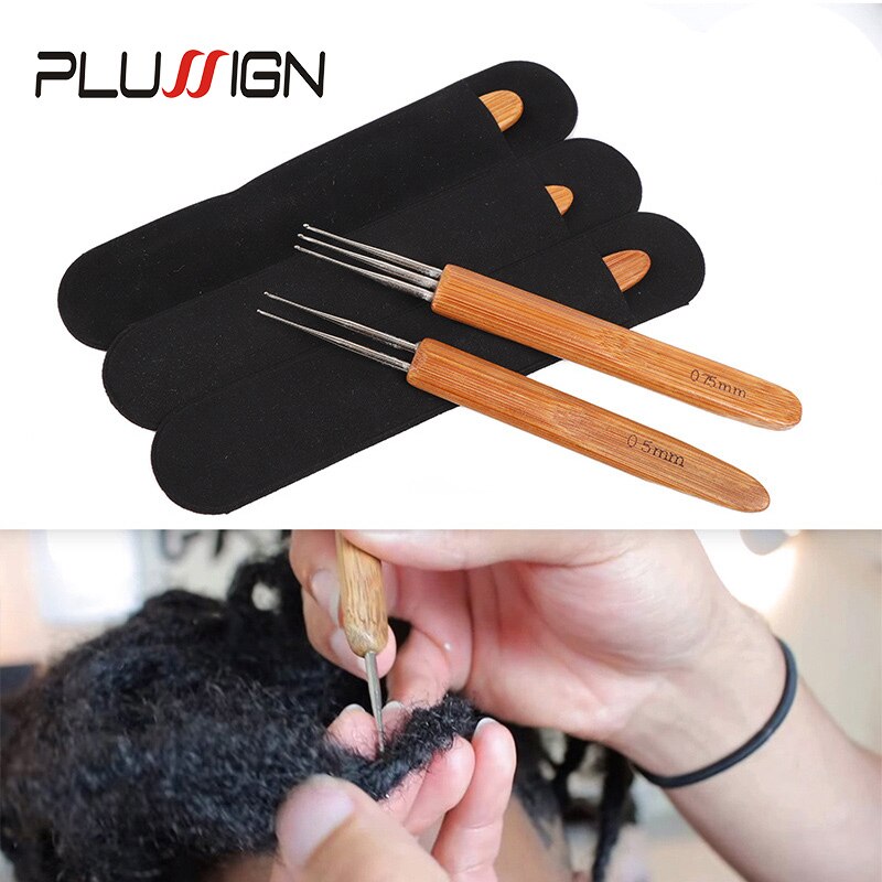 Juego de ganchos de ganchillo para extensiones de cabello, agujas de tejer con mango de bambú para Dreadlocks, herramienta de rastas de pelo, 0,5/0,75 Mm