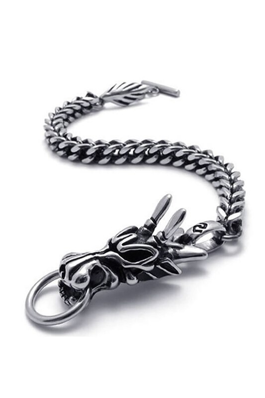 Men's Jewelry Bracelet Stainless Steel Dragon Biker Black Silver