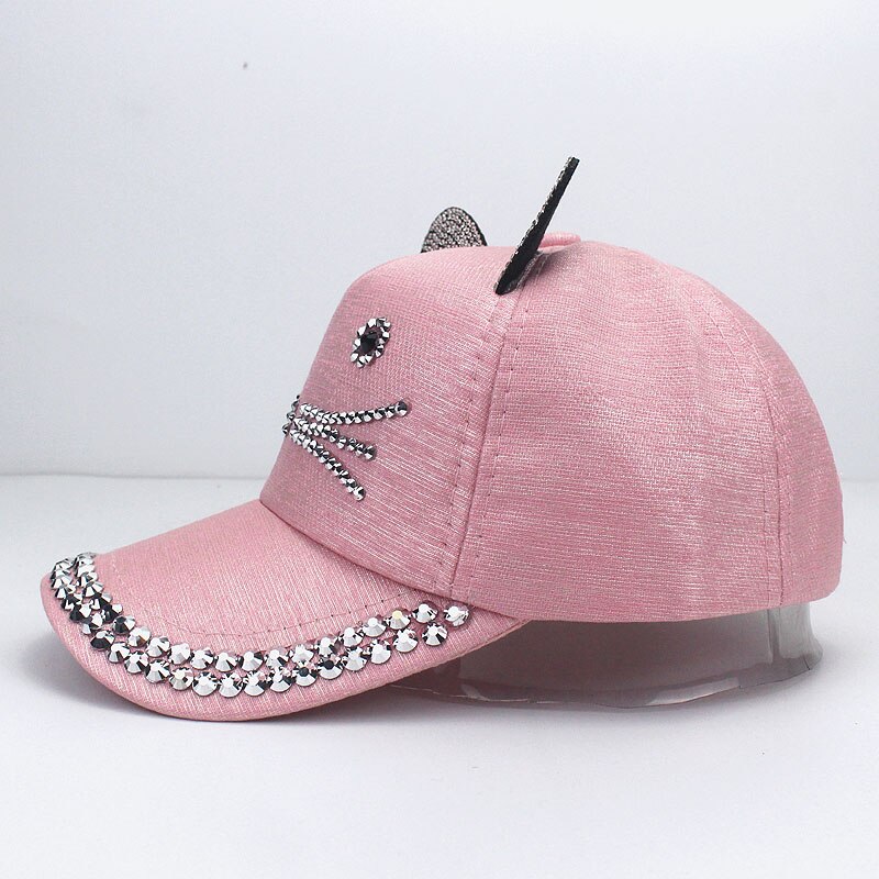 Gorra de béisbol con orejas de gato y diamantes para niña, gorro de béisbol con orejas bonitas, ajustable, Hip Hop, Snapback, para verano