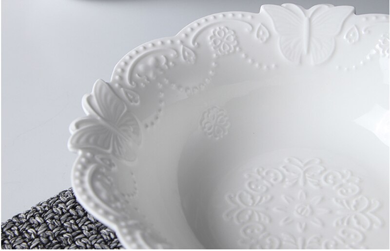 9inch, white embossed porcelain soup dinner serving bowl. ceramic mixing bowls for baking, butterfly , kitchen cooking