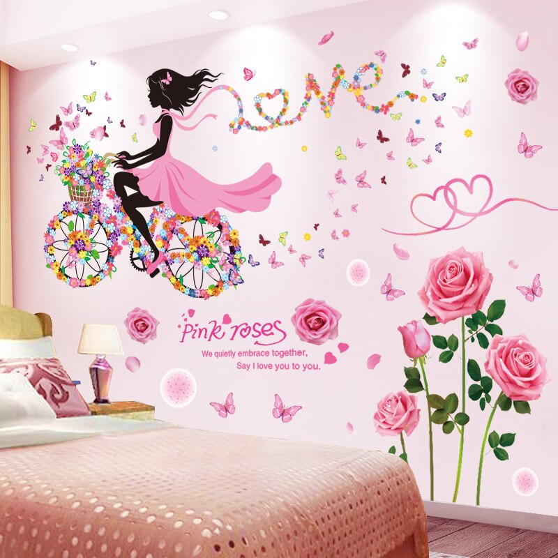 [SHIJUEHEZI] pegatinas de vinilo para dibujo de cuento de hadas para pared de niñas, pegatinas para Mural de bicicleta de mariposas DIY para decoración de habitaciones de niños y bebés: girl and flower4