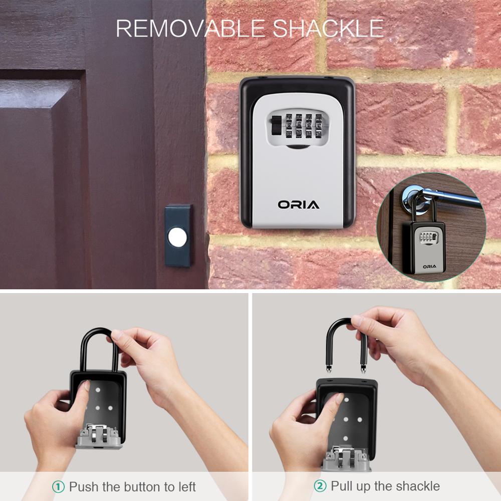 ORIA 4 Digit Key Lock Box Wall Mounted Key Storage Safe Box Waterproof with Removable Shackle for Indoors and Outdoors