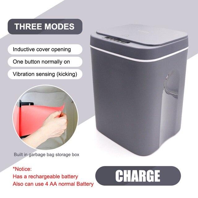 12/14/16L Intelligent Trash Can Automatic Sensor Dustbin Sensor Electric Waste Bin Home Rubbish Can for Kitchen Bathroom Garbage: CHARGE grey / 12L