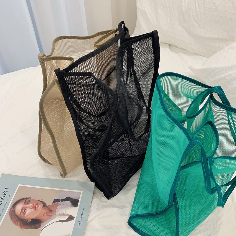 Kvinner mesh veske damer sammenleggbare shopping skuldervesker gjenbrukbar daglig bruk strandveske lys stor uformell tote