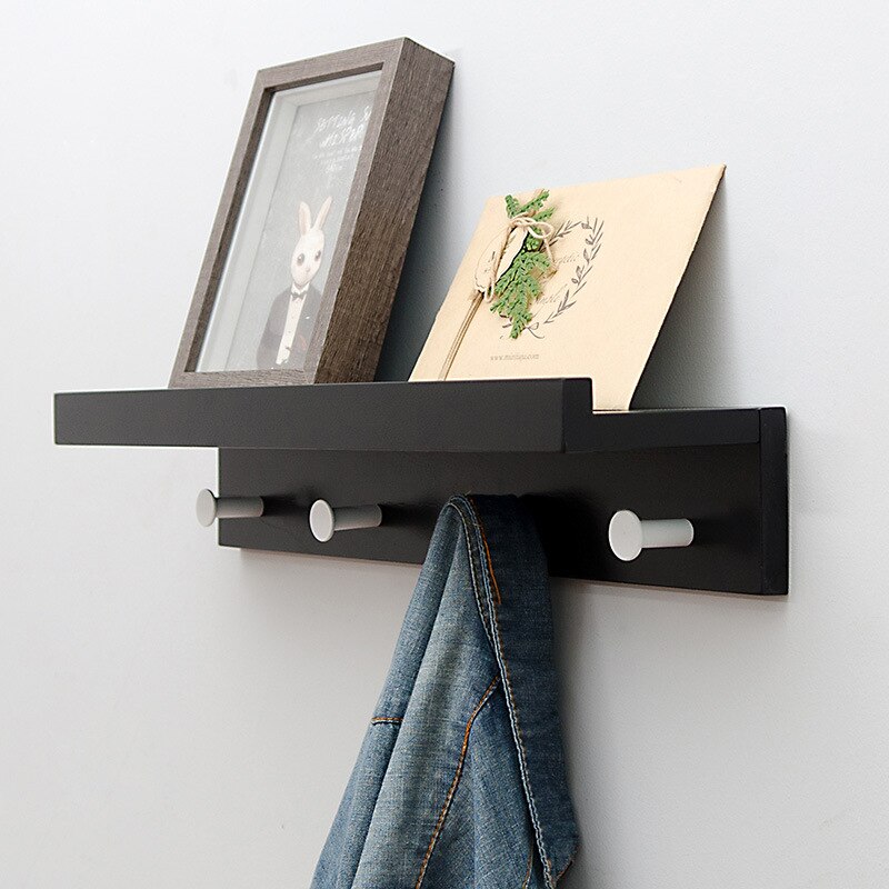 Estante de madera para pared, tablero de partición de hierro para dormitorio, estante de almacenamiento colgante montado en la pared, gancho para decoración del hogar, sala de estar: Black4