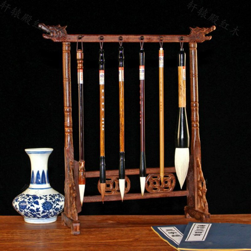 Chinese Calligraphy Brush Pen Holders Mahogany Wood Brush Pen Rest 14 hooks Chicken-wing Wood pen hanger Study Desk Decoration