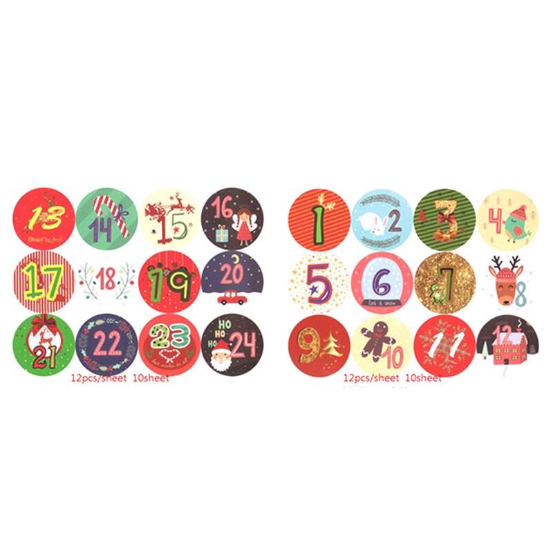 10 ark julemærke adventskalender nummer papir klistermærker ornamenter cookie candy diy xmas selvklæbende emballage klistermærke