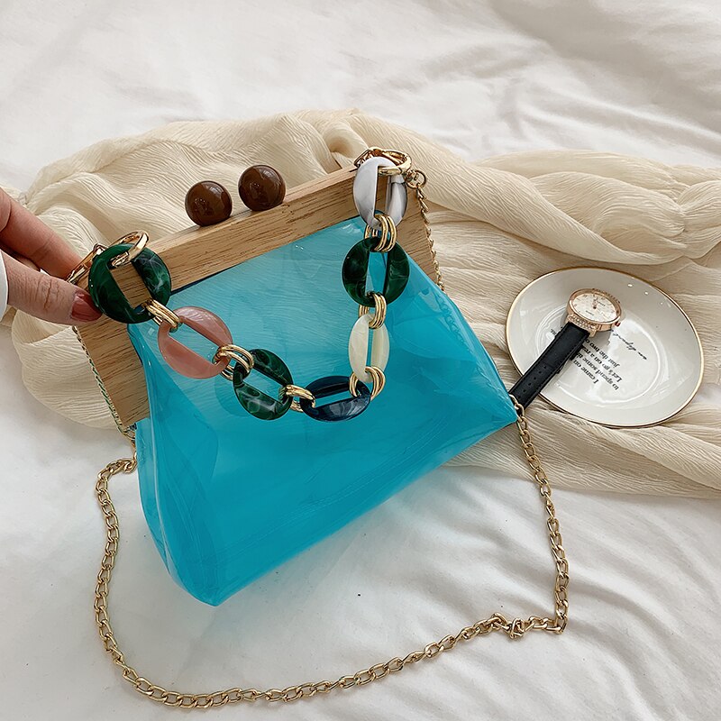 Transparente jelly tote bag 2020 verão novo de alta qualidade pvc designer feminina bolsa de viagem corrente ombro saco do mensageiro: Blue