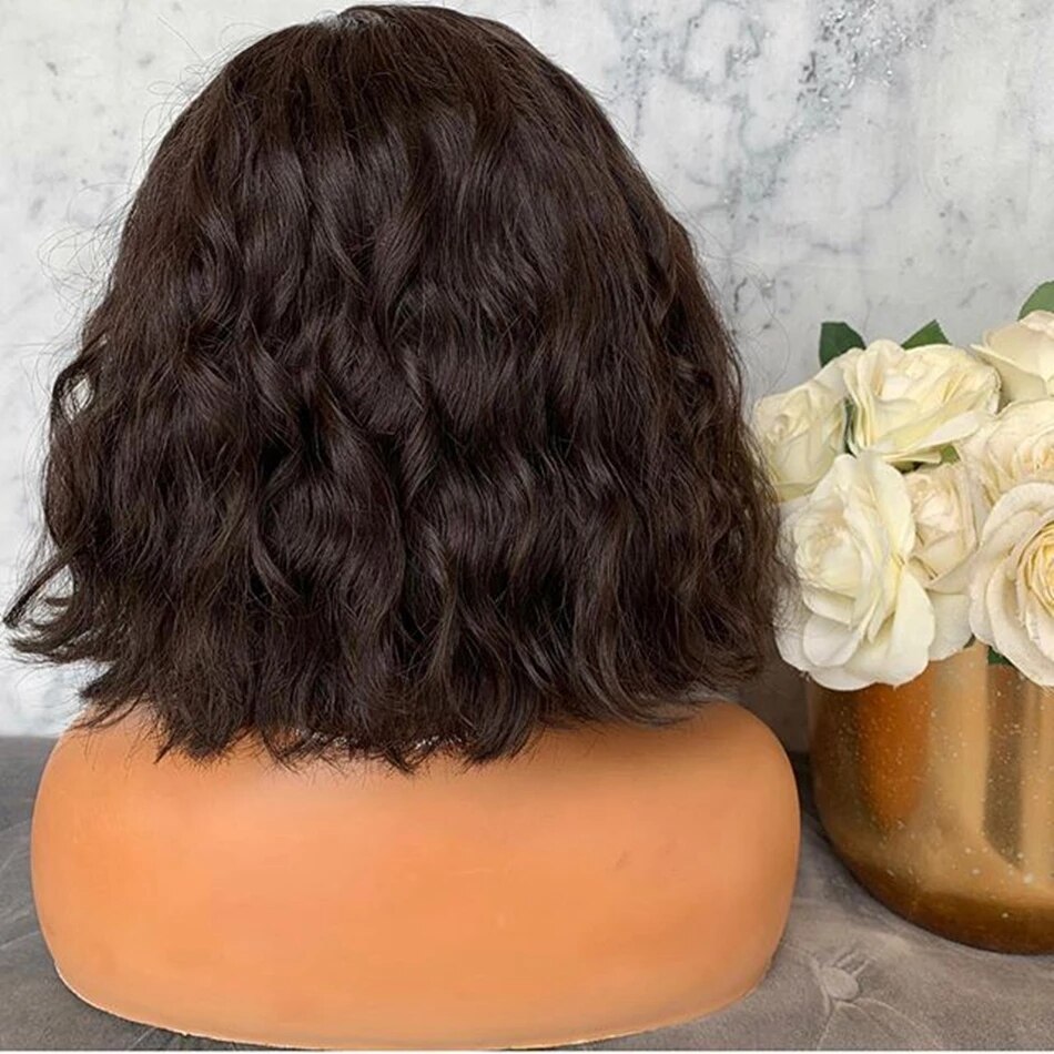 Glueless Cut Short Bob Water Wave Dark Brown Synthetic Hair Lace Front Wigs For Women Heat Resistant Fiber Natural Hairline