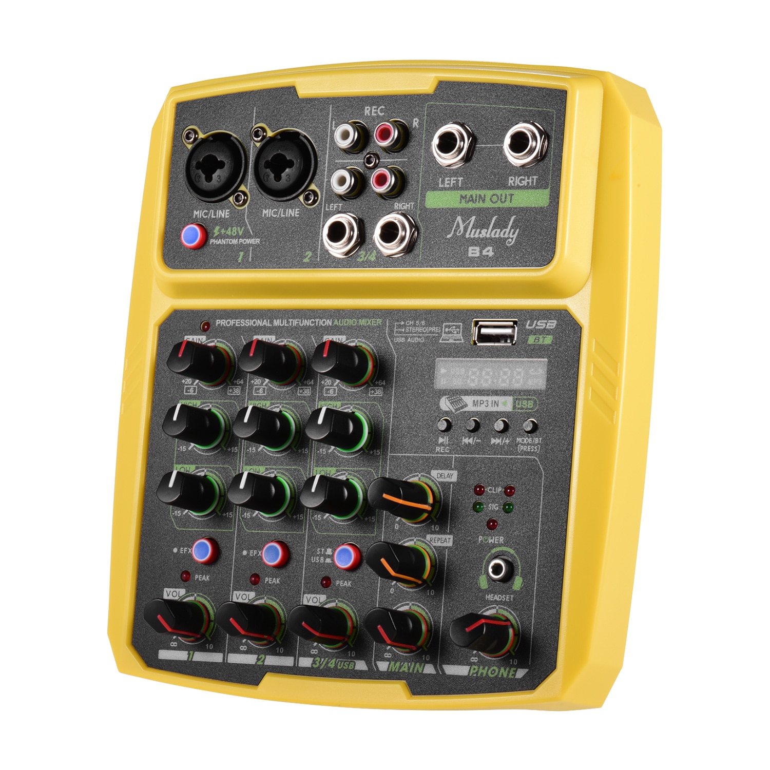 Muslady B4 Portable 4 Channels Audio Mixer USB Mixing Console Supports BT Connection with Sound Card Built-in 48V Phantom Power