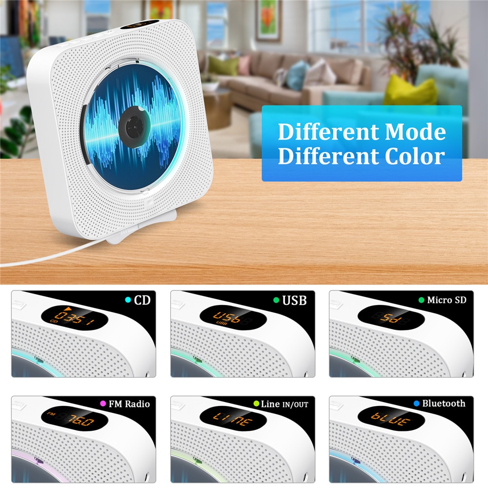 Wall Mounted CD Player With Bluetooth Remote Control Home Stereo FM Radio HiFi Sound Music Built-in Speaker Discman Lecteur CD