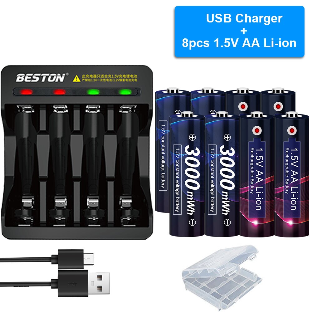 Ajnwnm 1.5v aa lithium genopladeligt batteri 3000 mwh konstant spænding 1.5v aa batteri til fjernbetjening mus blæser elektrisk legetøj: 8 batteri og oplader